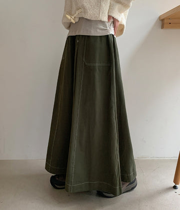 Doroni banding stitch long flare skirt